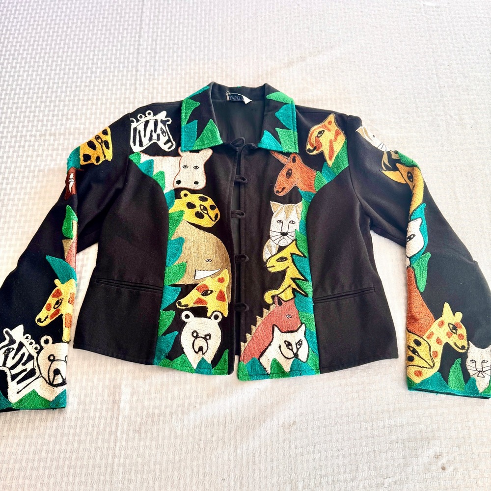 Vintage Anage Animal Embroidered Jacket Black Safari Art to Wear Novelty Coat‎